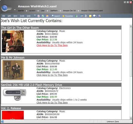 Screenshot of XAML Amazon Wish List Reader in Longhorn